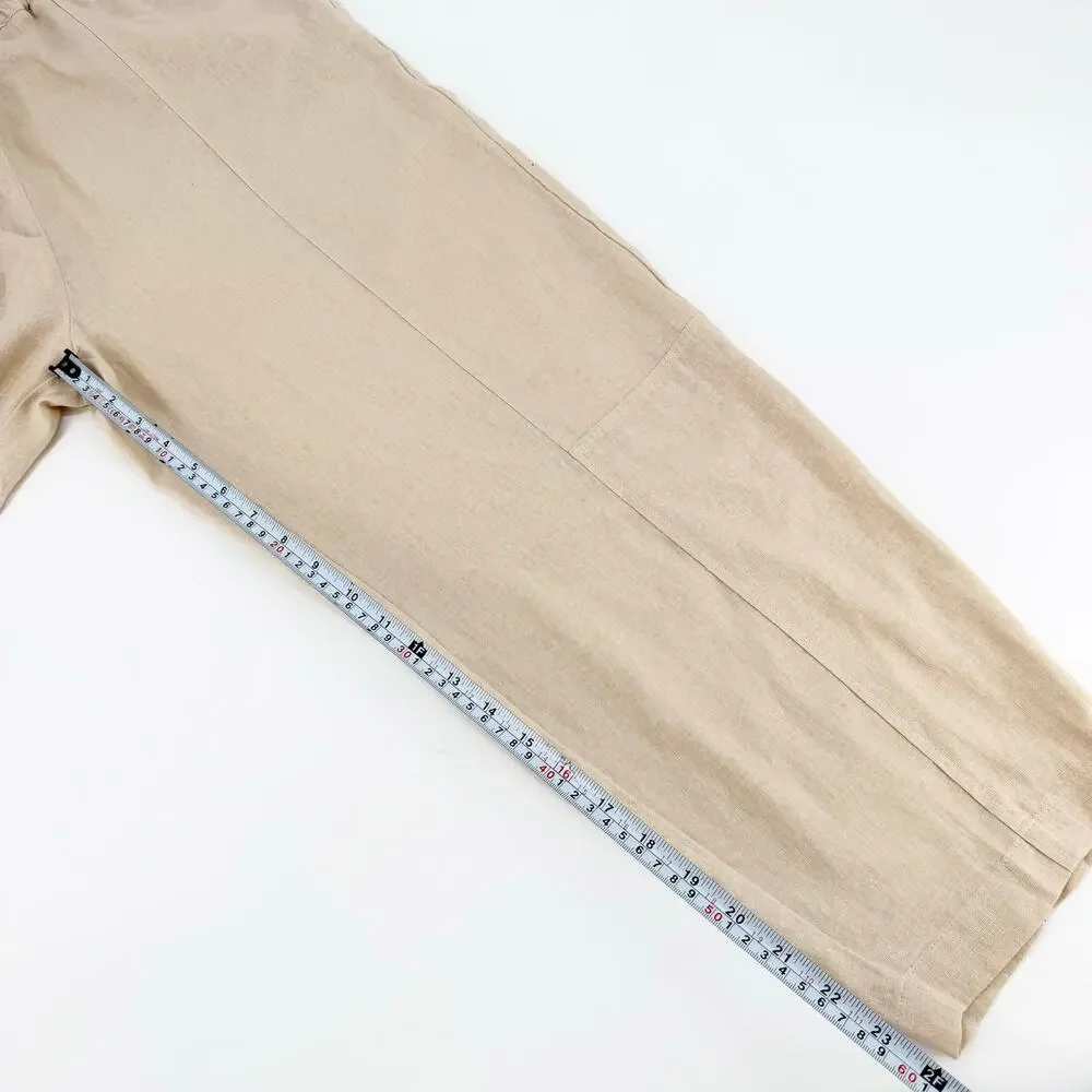 Zara Linen Blend Pull On Cropped Pants Oatmeal Beige Elastic Waist Large NWT